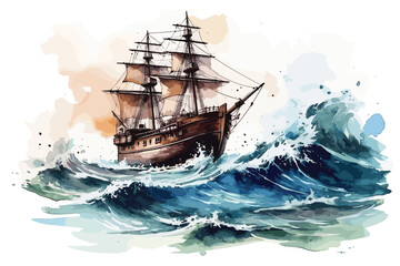 Ship Shipwreck Sea Waves Tall Ship watercolor white background. - obrazy, fototapety, plakaty