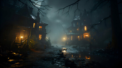 Halloween spooky background with terrible haunted house at night in misty forest