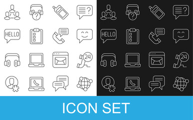 Set line Global technology, Telephone 24 hours support, Smile face, Mobile, Online quiz, test, survey, Hello different languages, Employee hierarchy and conversation icon. Vector