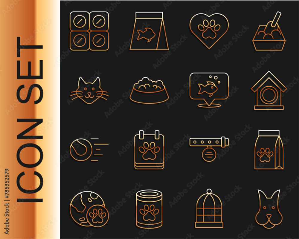 Wall mural Set line Dog, Bag of food for pet, house, Heart with animals footprint, Pet bowl cat dog, Cat, pill and Fish icon. Vector