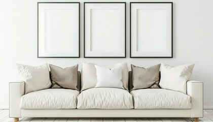 Obraz premium Frame Mockup Wall. Mockup frame in farmhouse living room interior. Interior mockup with rectangular vertical frame hanging on a white textured wall mockup house background.
