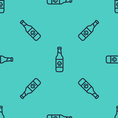 Black line Beer bottle icon isolated seamless pattern on green background. Vector