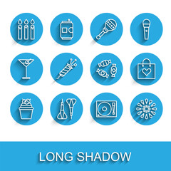 Set line Cake, Dart arrow, Birthday cake candles, Vinyl player with vinyl disk, Firework, rocket, Shopping bag heart and Candy icon. Vector