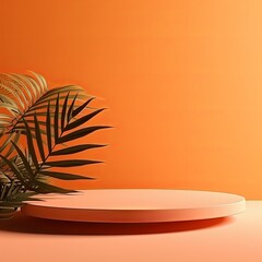 Orange background with shadows of palm leaves on an orange wall, an empty table top for product presentation. A mockup banner