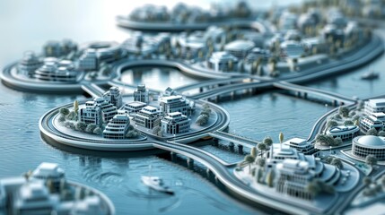 A city is shown in a 3D model, with a bridge and a boat in the water