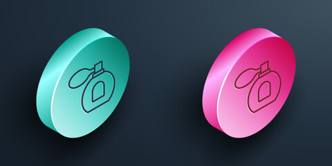 Isometric line Perfume icon isolated on black background. Turquoise and pink circle button. Vector