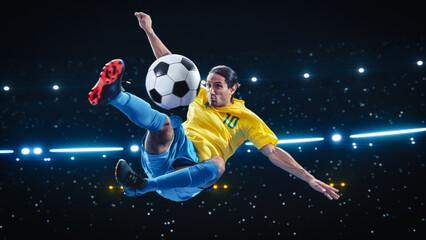 Aesthetic Shot Of Athletic Hispanic Soccer Football Player Doing An Overhead Kick on Black...