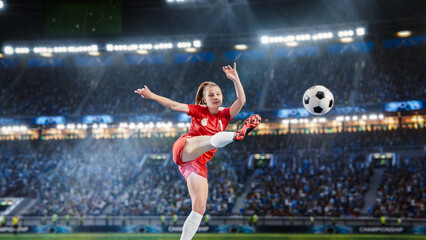 Fototapeta na wymiar Aesthetic Shot Of Professional Female Soccer Football Player Jumping And Kicking A Ball on Stadium WIth Crowd Cheering. Winning Goal on International Championship Match on Arena Full Of Fans.