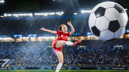 Aesthetic Shot Of Professional Female Soccer Football Player Jumping And Kicking A Ball on Stadium WIth Crowd Cheering. Goal on International Championship Match on Arena Full Of Fans.