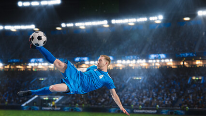 Aesthetic Shot Of Athletic Caucasian Soccer Football Blue Team Player Doing Beautiful Overhead Kick...