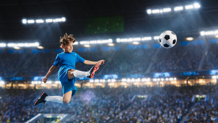 Aesthetic Shot Of Athletic Child Soccer Football Player Jumping And Kicking Ball Mid-Air On Stadium WIth Crowd Cheering. Young Boy Scoring Winning Goal on Junior World Championship Tournament Match. - obrazy, fototapety, plakaty