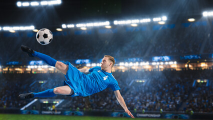 Fototapeta na wymiar Aesthetic Shot Of Athletic Caucasian Soccer Football Blue Team Player Doing Beautiful Overhead Kick On Stadium With Crowd Cheering. International Championship Match on Arena Full Of Loyal Fans.