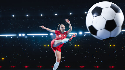 Aesthetic Shot Of Female Soccer Football Player Jumping And Kicking Ball on Black Background Under...