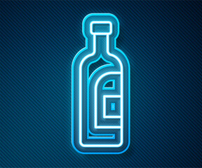 Glowing neon line Bottle of wine icon isolated on blue background. Vector