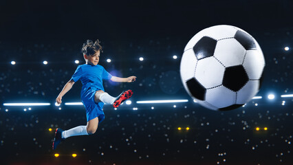 Aesthetic Shot Of Athletic Child Soccer Football Player Jumping And Kicking Ball Mid-Air On Black...