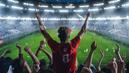 Aesthetic Shot of Fans Cheer for the Team on a Stadium During Soccer Championship Match. Team...