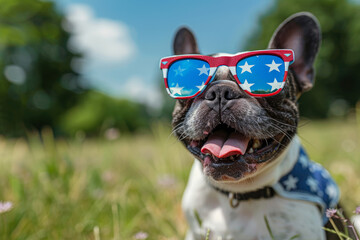 A dog wearing sunglasses and a patriotic vest. The dog is smiling and he is enjoying the sunny day