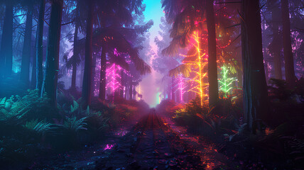 Deep in a forest of unique psychedelic trees. neon rainbow light. the mystical lighting is truly enchanting
