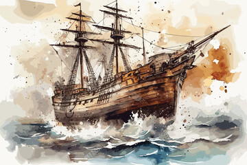 Ship Shipwreck Sea Waves Tall Ship watercolor white background. - obrazy, fototapety, plakaty