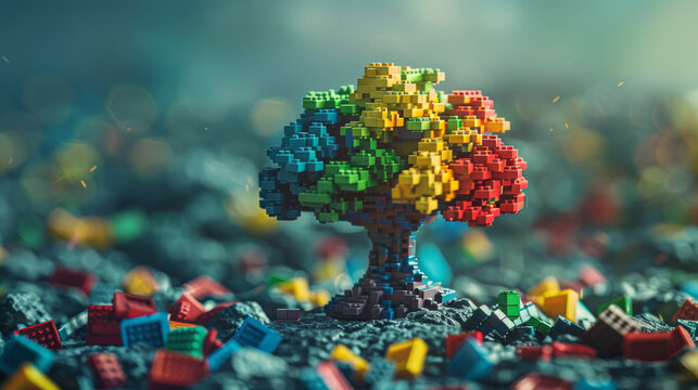 A colorful tree made of legos is surrounded by a pile of colorful blocks. The tree is the main focus of the image, and the blocks are scattered around it, creating a sense of chaos and disorder