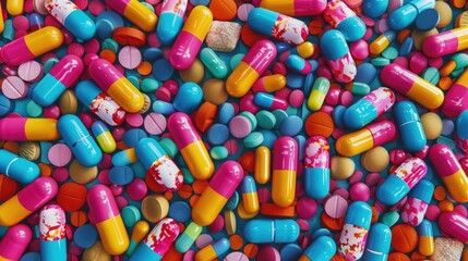 Many different pills on colorful background, top view.
