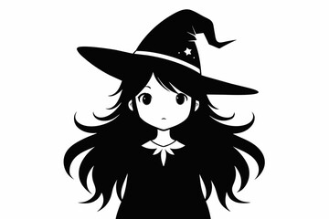 Black and white Cute witch with long hair looking up in the camera. Profile picture silhouette vector