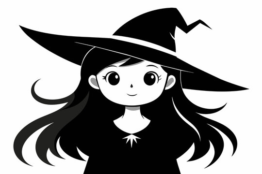 Black and white Cute witch with long hair looking up in the camera. Profile picture silhouette vector