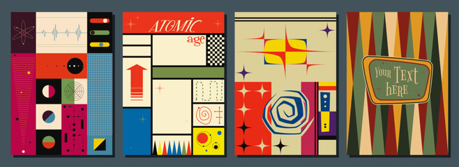 1960s Abstract Posters Template Set. Backgrounds for Retro Party, Event. Mid Century Modern Colors and Shapes 