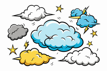 Collection of manga-style cloud, special effects, sketch, plain white  background
