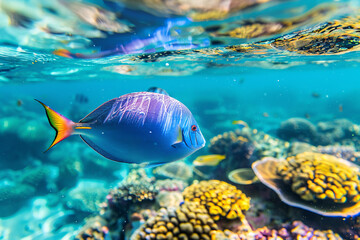 Colorful fish blue tang dart through a vibrant coral reef teeming with life