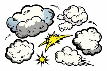 Collection of manga-style cloud, special effects, sketch, plain white  background
