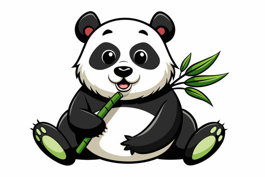 Black and white whimsical panda bear eating bamboo