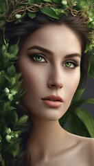 Girl with Green Eyes and Leafy Wreath