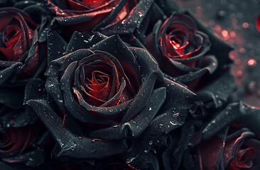 大きな黒赤いバラの豪華な花束をクローズ アップ,Close-up of a gorgeous bouquet of large black and red roses,Generative AI