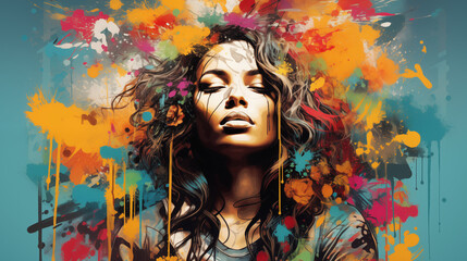 Colorful Abstract Art of Woman with Explosive Paint Splatter