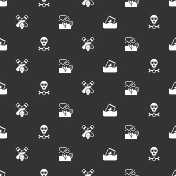 Set Radioactive waste in barrel, Bones and skull, Bottle with potion and Poisonous cloud of gas or smoke on seamless pattern. Vector
