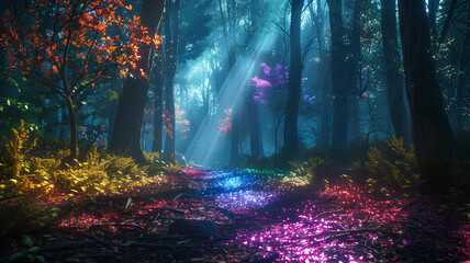 Deep in a forest of unique psychedelic trees. neon rainbow light. the mystical lighting is truly enchanting