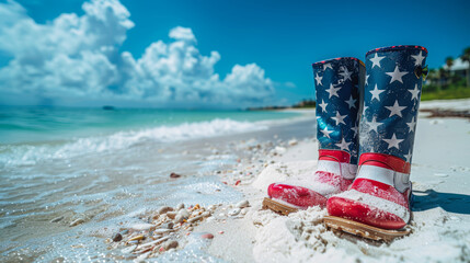 Two red and white boots with stars on them are on the beach. The beach is calm and the sky is blue