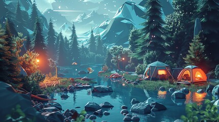 Produce a detailed vector illustration showcasing a futuristic wilderness camping scene viewed from a birds-eye angle Experiment with innovative lighting techniques and digital rendering methods to br