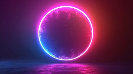 Featuring a sparkling colorful background and a circle for advertisements, this graphic artwork features magenta neon, Generative AI.
