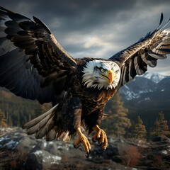 Bald Eagle in flight over the mountains. 3D Rendering