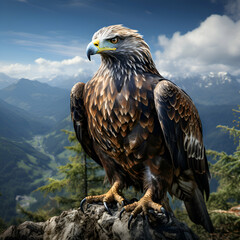 Obraz premium beautiful eagle on a rock against the background of mountains and sky