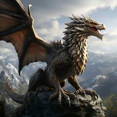 dragon on a rock in the mountains. 3d illustration of fantasy dragon