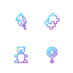 Set line Rattle baby toy, Teddy bear plush, Toy horse and Puzzle pieces. Gradient color icons. Vector