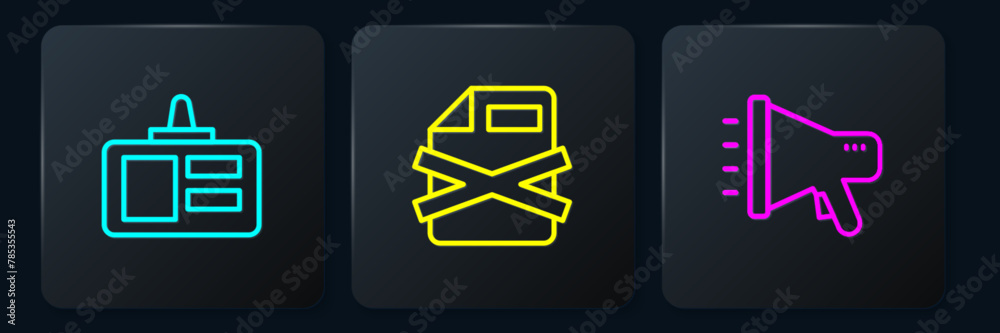 Poster set line identification badge, megaphone and delete file document. black square button. vector
