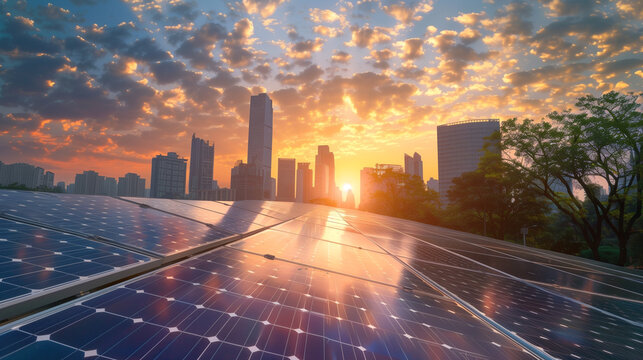 Solar panels with city skyline at sunset, depicting renewable energy in urban setting.