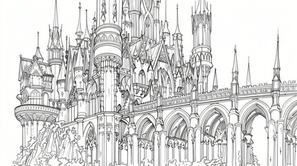 Fantasy drawing of medieval Gothic castle. Black and white