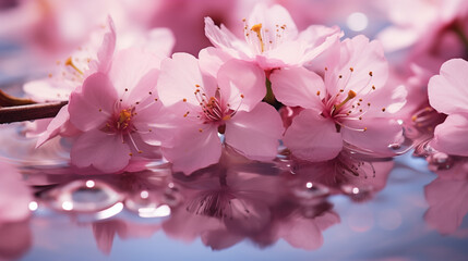 Vivid Cherry Blossoms Reflecting in Water Close-Up