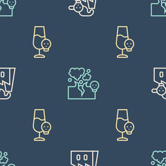 Set line Smoke from factory, Poisoned alcohol and Poisonous cloud of gas smoke on seamless pattern. Vector