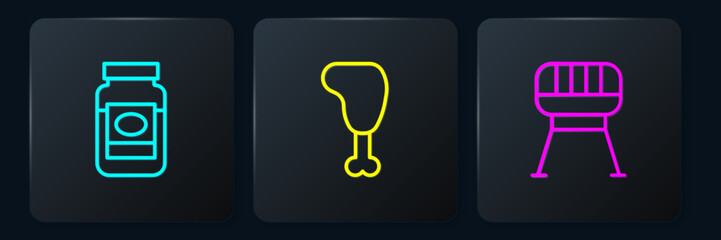 Set line Jam jar, Barbecue grill and Chicken leg. Black square button. Vector